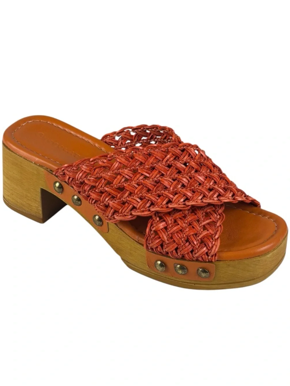 CHOCOLAT BLU DAWN ORANGE RAFFIA WOVEN STUDDED WOOD PLATFORM SLIDE SANDAL